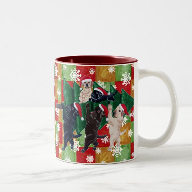 Christmas Tree Labradors Mosaic & Snowflakes Two-Tone Coffee Mug (Right)