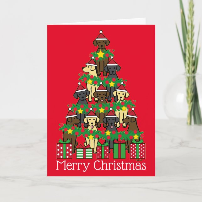 Christmas Tree Labradors Red Holiday Card (Front)