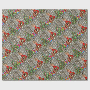 Christmas Tree Lady in Red Dress Rustic Barn Board Wrapping Paper