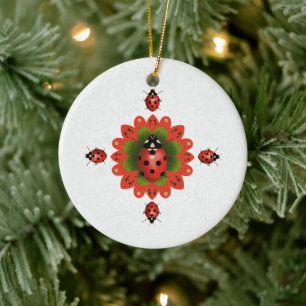 Christmas Tree Ladybug Red and White Ceramic Ornament