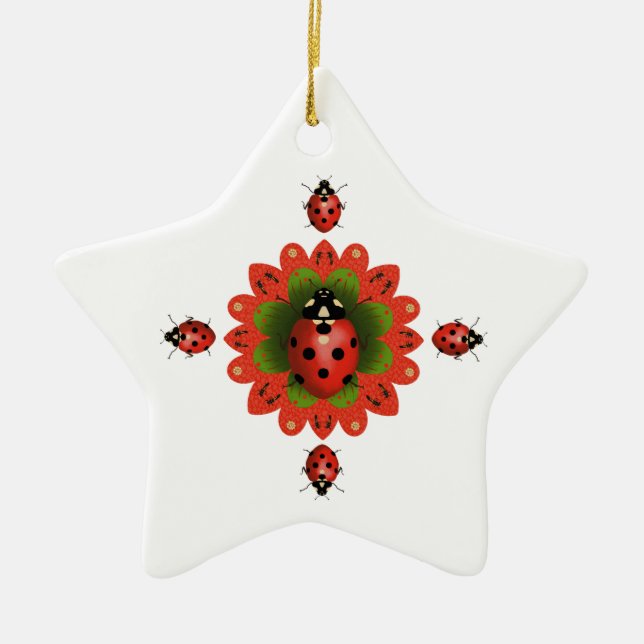 Christmas Tree  Ladybug Red and White Star Ceramic Ornament (Front)