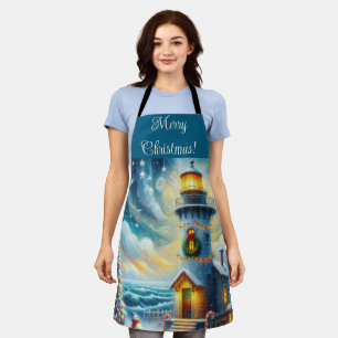 Christmas Tree Lighthouse Nautical Coastal Blue Apron