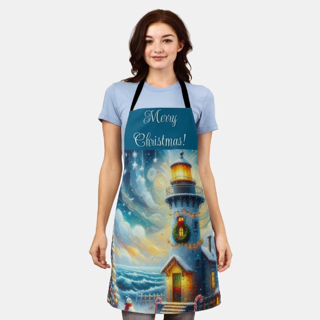 Christmas Tree Lighthouse Nautical Coastal Blue Apron (Worn)