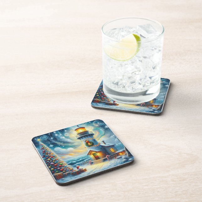 Christmas Tree Lighthouse Nautical Coastal Blue Coaster (Right Side)