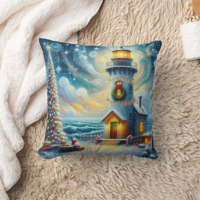 Christmas Tree Lighthouse Nautical Coastal Blue Cushion (Blanket)