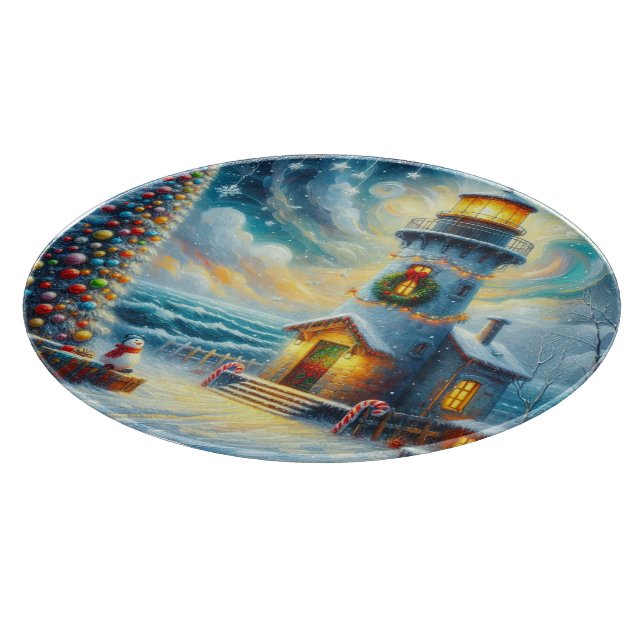 Christmas Tree Lighthouse Nautical Coastal Blue Cutting Board (Corner)