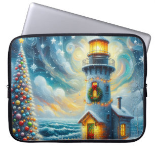 Christmas Tree Lighthouse Nautical Coastal Blue Laptop Sleeve