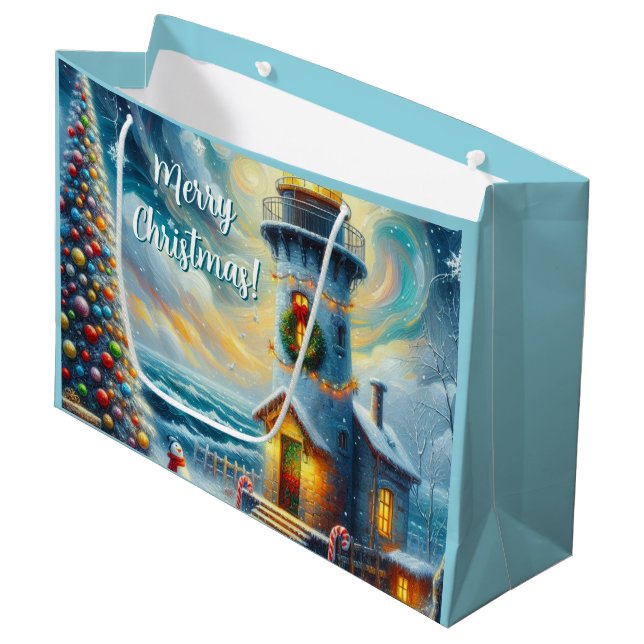 Christmas Tree Lighthouse Nautical Coastal Blue Large Gift Bag (Front Angled)