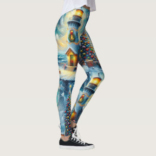 Christmas Tree Lighthouse Nautical Coastal Blue Leggings
