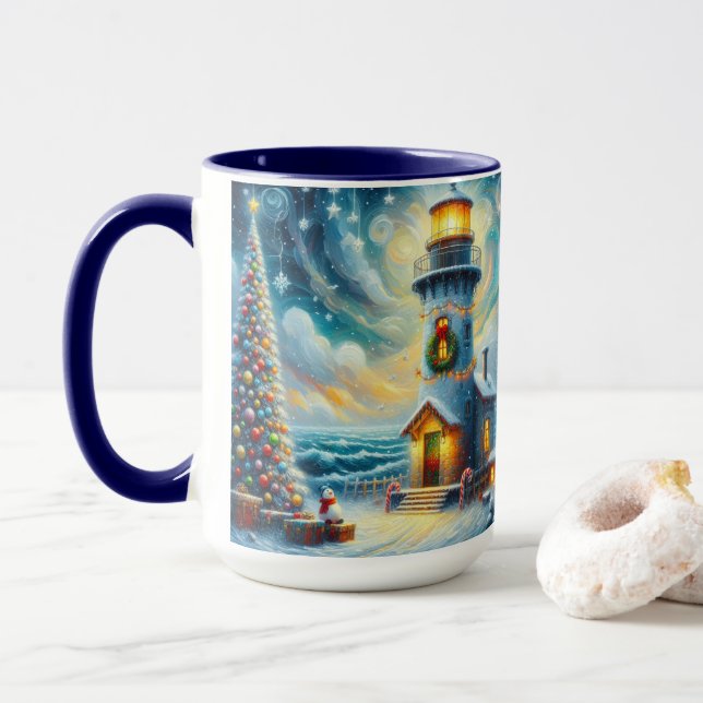 Christmas Tree Lighthouse Nautical Coastal Blue Mug (With Donut)