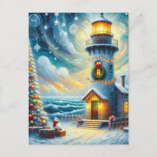 Christmas Tree Lighthouse Nautical Coastal Blue Postcard