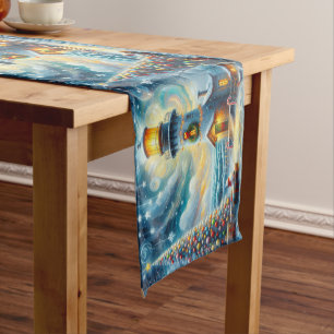 Christmas Tree Lighthouse Nautical Coastal Blue Short Table Runner