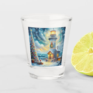 Christmas Tree Lighthouse Nautical Coastal Blue Shot Glass