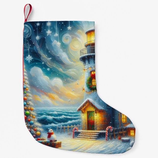 Christmas Tree Lighthouse Nautical Coastal Blue Small Christmas Stocking (Front)