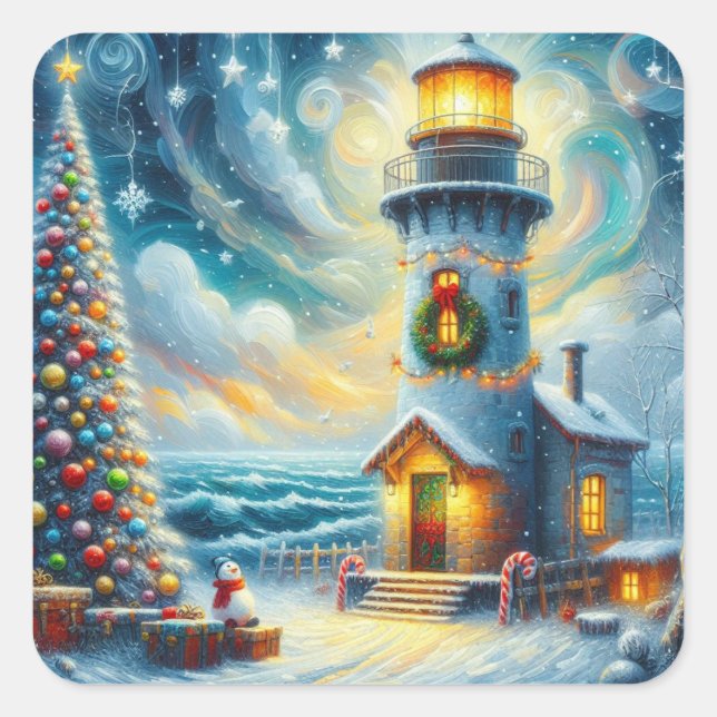 Christmas Tree Lighthouse Nautical Coastal Blue Square Sticker (Front)
