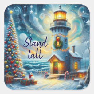 Christmas Tree Lighthouse Nautical Coastal Blue Square Sticker