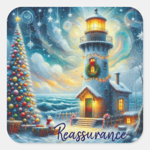Christmas Tree Lighthouse Nautical Coastal Blue Square Sticker