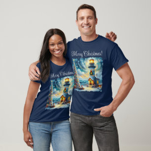 Christmas Tree Lighthouse Nautical Coastal Blue T-Shirt