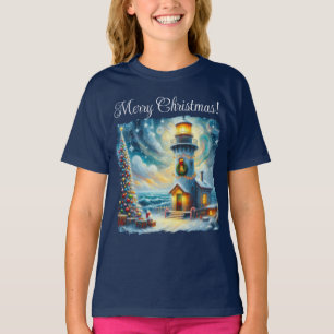 Christmas Tree Lighthouse Nautical Coastal Blue T-Shirt