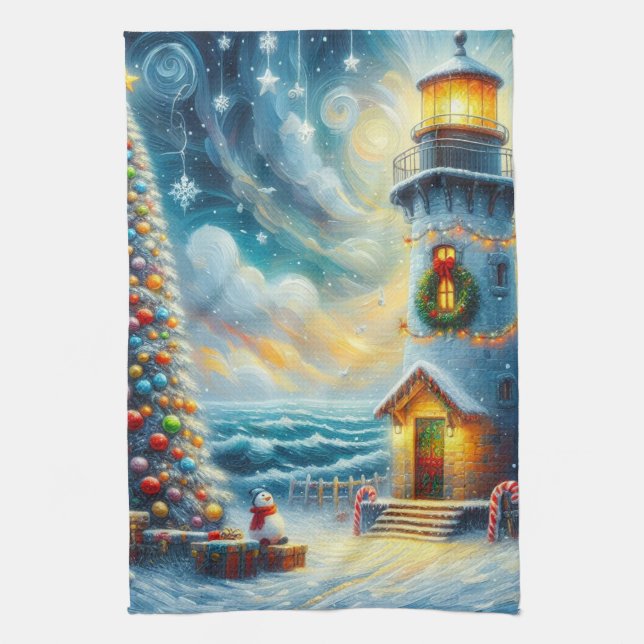 Christmas Tree Lighthouse Nautical Coastal Blue Tea Towel (Vertical)