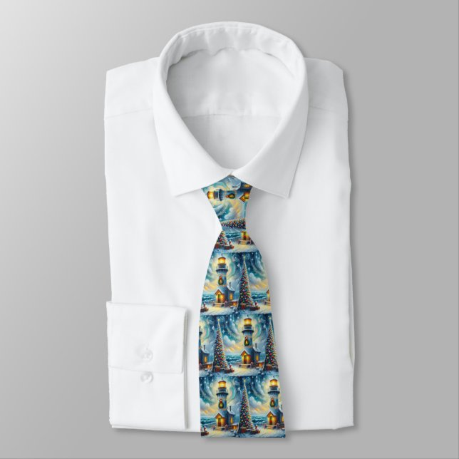 Christmas Tree Lighthouse Nautical Coastal Blue Tie (Tied)