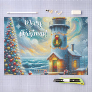 Christmas Tree Lighthouse Nautical Coastal Blue Tissue Paper