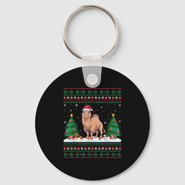 Christmas Tree Lights Bactrian Camel Santa Ugly Xm Key Ring (Front)