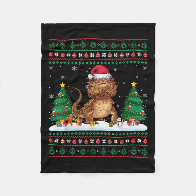 Christmas Tree Lights Bearded Dragon Santa Ugly Xm Fleece Blanket (Front)