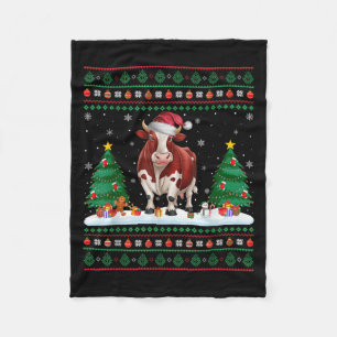 Christmas Tree Lights Cow Santa Ugly Xmas Sweater  Fleece Blanket