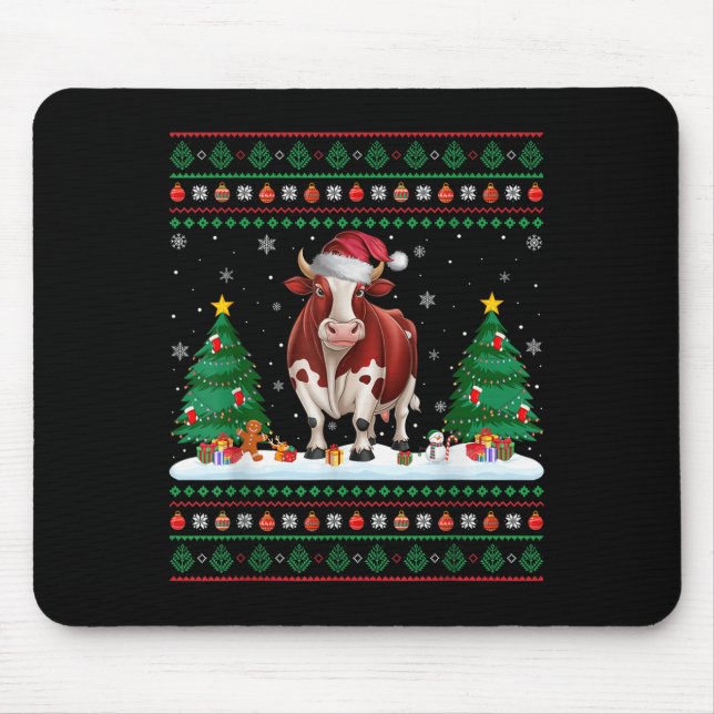Christmas Tree Lights Cow Santa Ugly Xmas Sweater  Mouse Pad (Front)