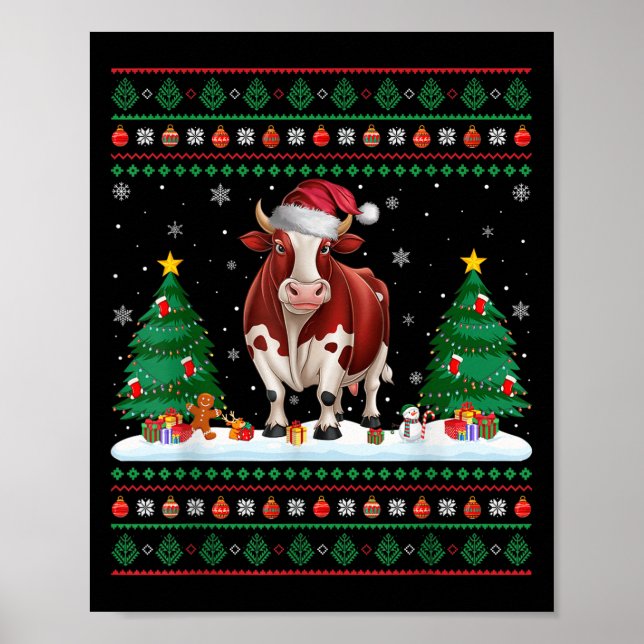 Christmas Tree Lights Cow Santa Ugly Xmas Sweater  Poster (Front)
