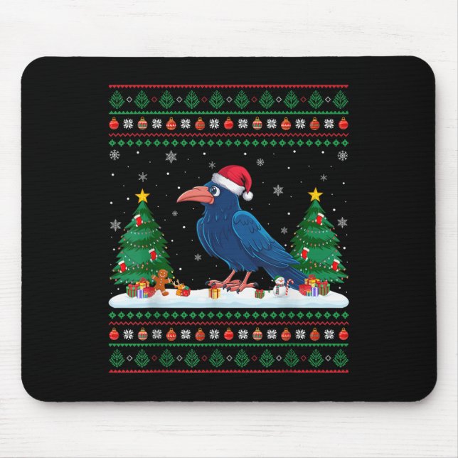 Christmas Tree Lights Crow Santa Ugly Xmas Sweater Mouse Pad (Front)