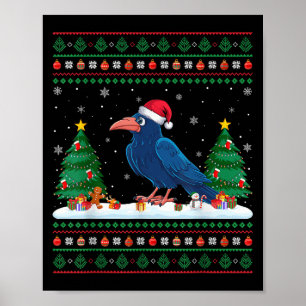 Christmas Tree Lights Crow Santa Ugly Xmas Sweater Poster
