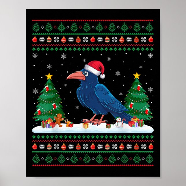Christmas Tree Lights Crow Santa Ugly Xmas Sweater Poster (Front)