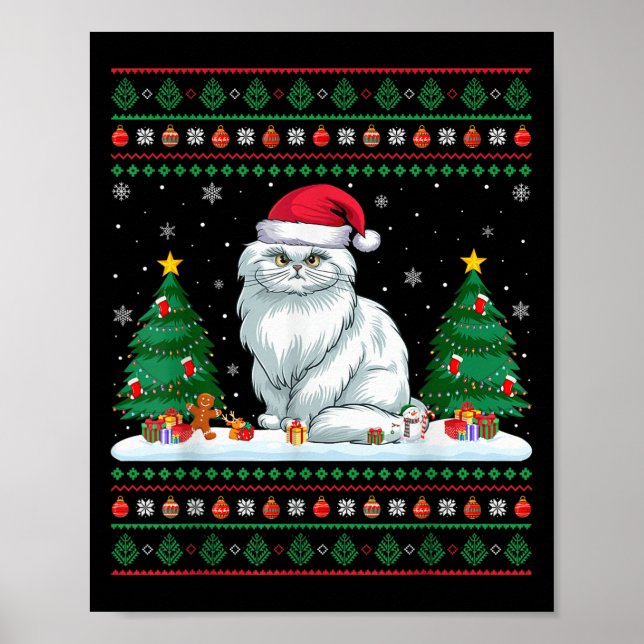 Christmas Tree Lights Persian Cat Santa Ugly Xmas  Poster (Front)