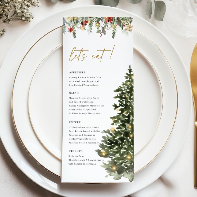 Christmas Tree Lights Pine Winter Wedding Dinner Menu (Christmas wedding menu with pine tree art and winter greenery, elegant festive dinner stationery)