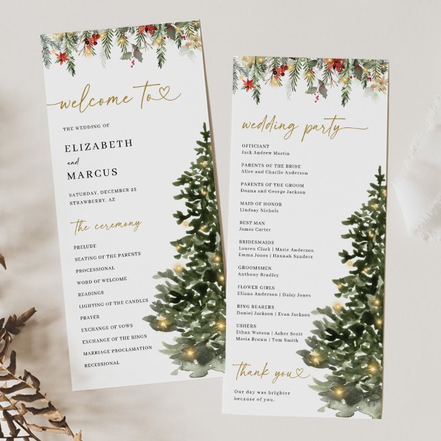 Christmas Tree Lights Pine Winter Wedding Program (Christmas wedding program with watercolor pine tree and winter greenery, elegant holiday ceremony)