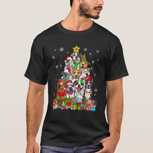 Christmas Tree Lights Pitbull Dog Lover Xmas Pajam T-Shirt (Front)