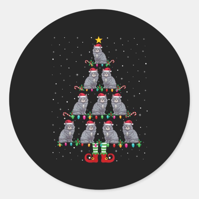 Christmas Tree Lights Santa Hat Elf Maine Coon Xma Classic Round Sticker (Front)