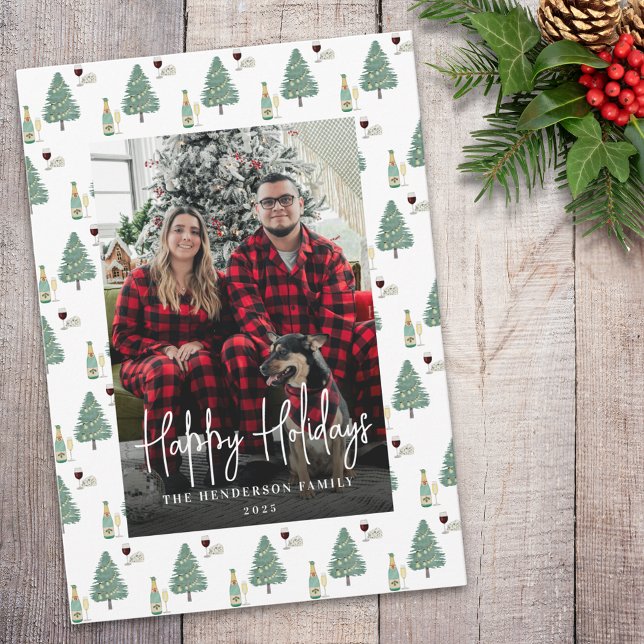 Christmas Tree Lights Wine Cheese Custom Photo Holiday Card (Happy holidays tree lights wine cheese personalized Photo holiday card Watercolor christmas trees)
