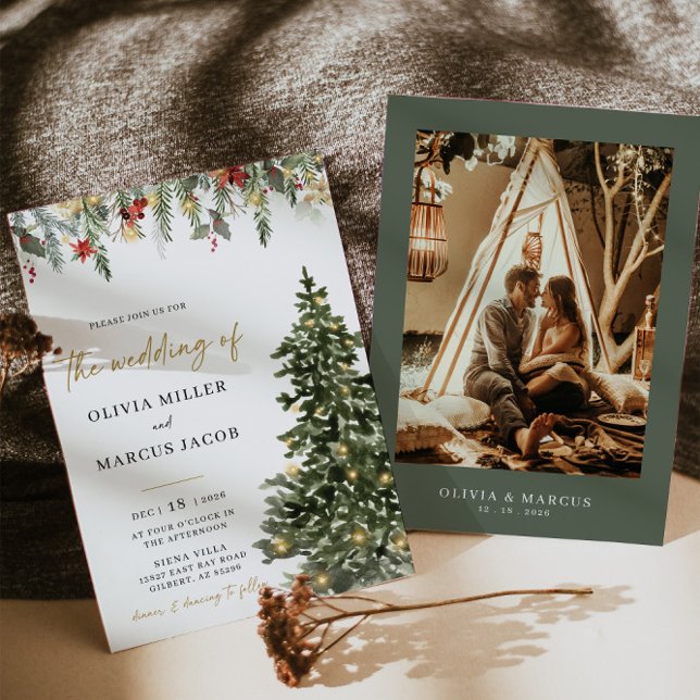 Christmas Tree Lights Winter Wedding Invitation (Invitation Front/Back)