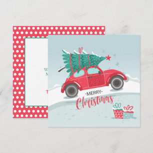 Christmas Tree Little Red Car Flat Christmas Card