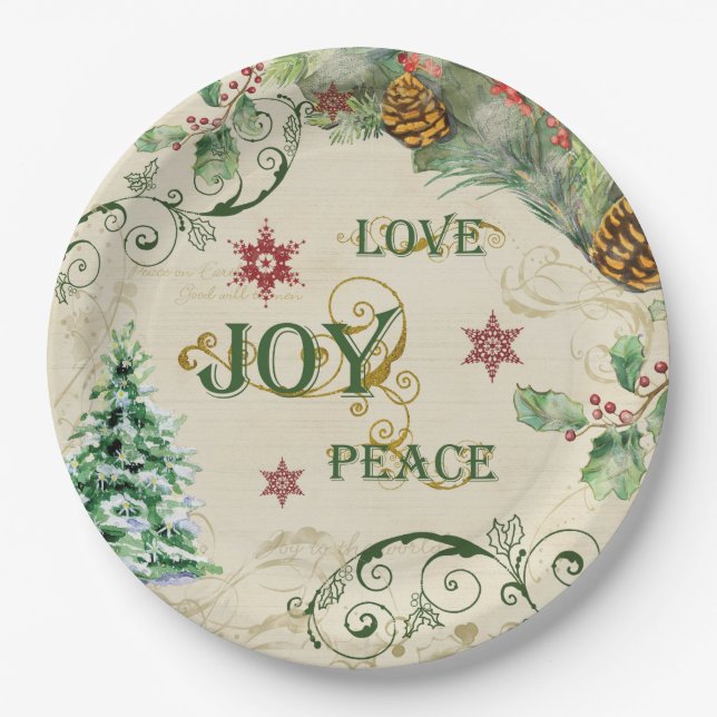 Christmas Tree Love Joy Peace Holly Typography Art Paper Plate (Front)