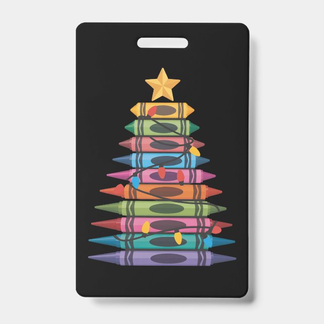 Christmas Tree Made of Crayons School Teacher Life ID Badge (Front)