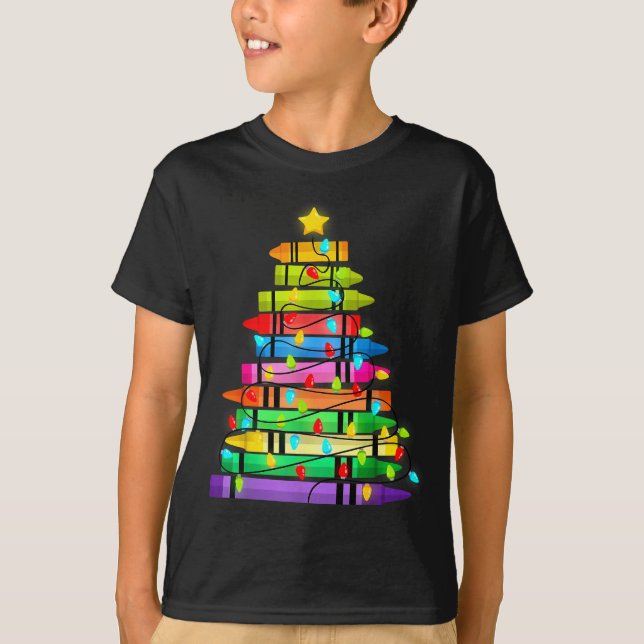 Christmas Tree Made Of Crayons School Teacher Life T-Shirt (Front)