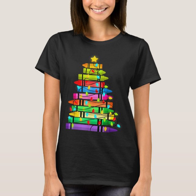 Christmas Tree Made Of Crayons School Teacher Life T-Shirt (Front)
