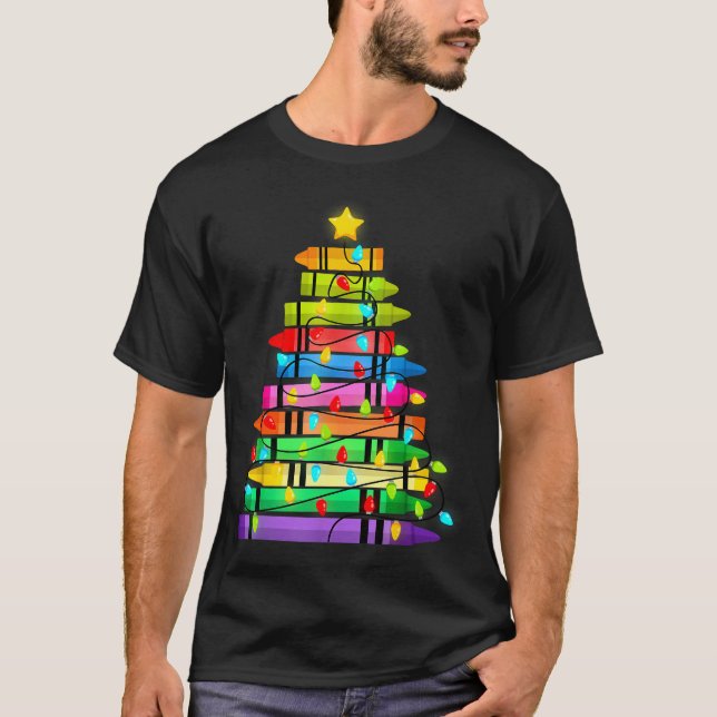 Christmas Tree Made Of Crayons School Teacher Life T-Shirt (Front)