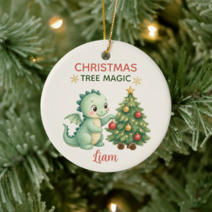 Christmas Tree Magic Watercolor Baby Dragon Ceramic Ornament