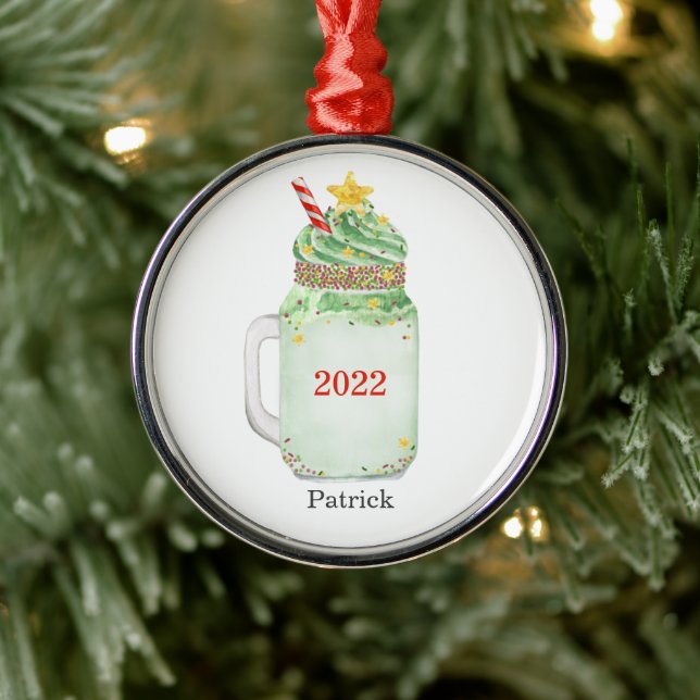 Christmas Tree Mason Jar Green Milkshake  Metal Ornament (Tree)