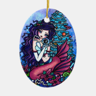 Christmas Tree Mermaid Presents Art by Hannah Lynn Ceramic Ornament
